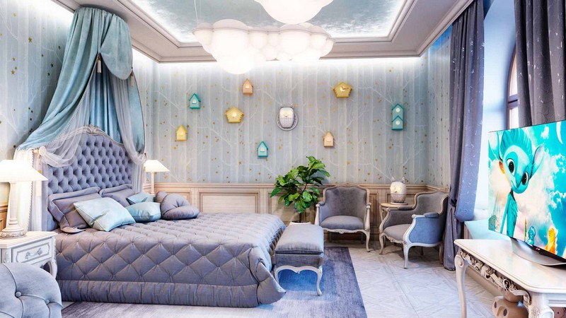 Luxurious kids bedroom with blue color